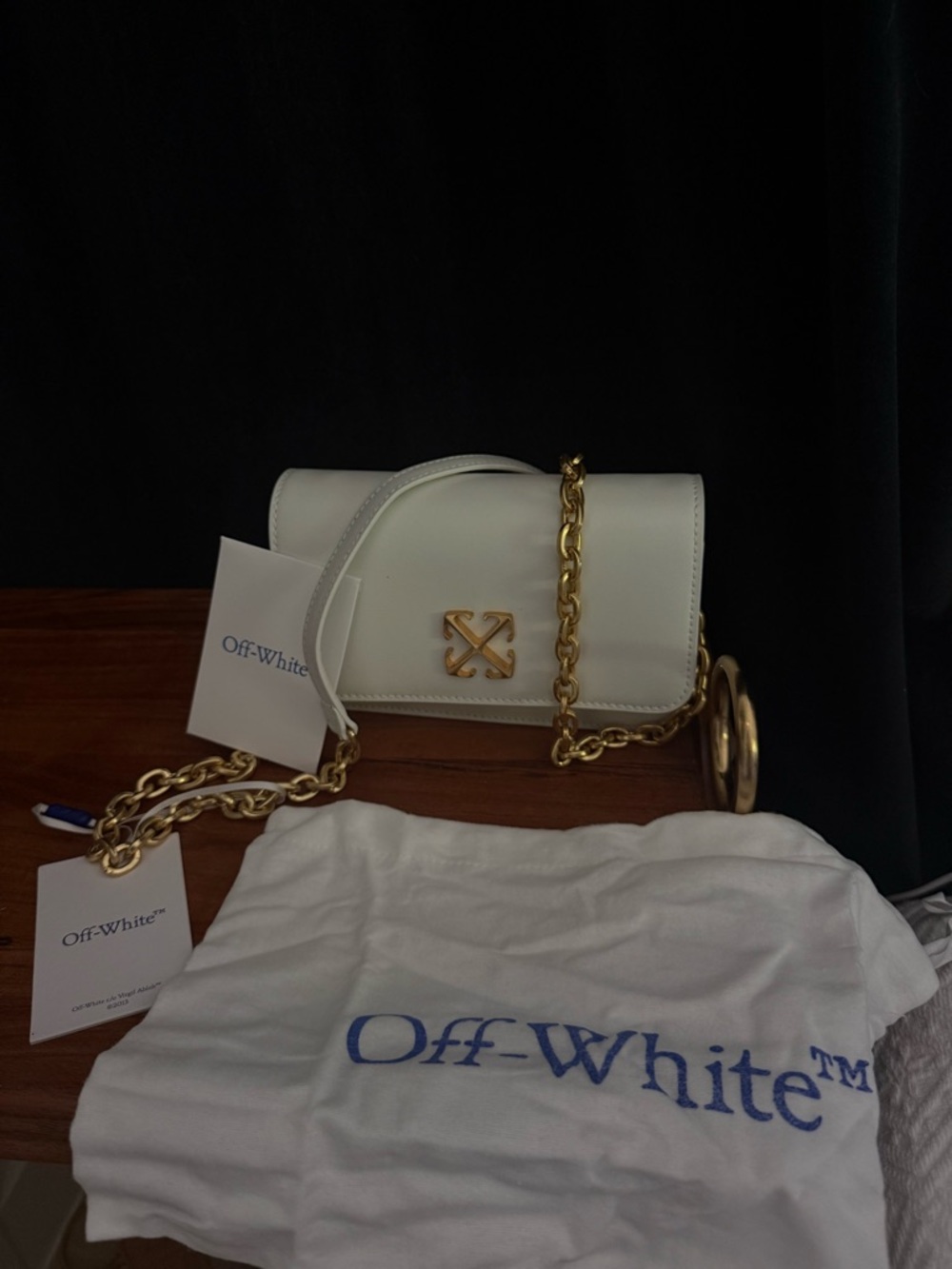 Off-White White Leather Chain Crossbody Bag with Gold Hardware